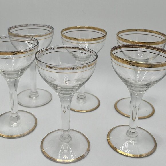 Vintage 60s MCM Glass Pitcher Brass Bottom With 6 Coupe Glasses W/ Gold Trim - Picture 8 of 9